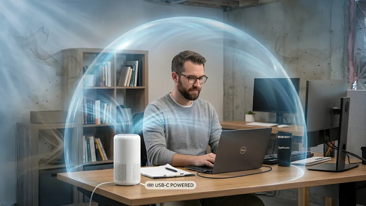A dad working at a clean office desk with a small modern air purifier creating a bubble of clean air.