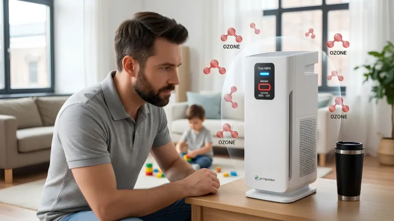 A concerned dad inspecting a Guardian Technologies GermGuardian tower air purifier in a living room, while a red warning display highlights ionizer ozone danger molecules being deflected by a safe True HEPA passive filtration zone away from his child playing in the background.