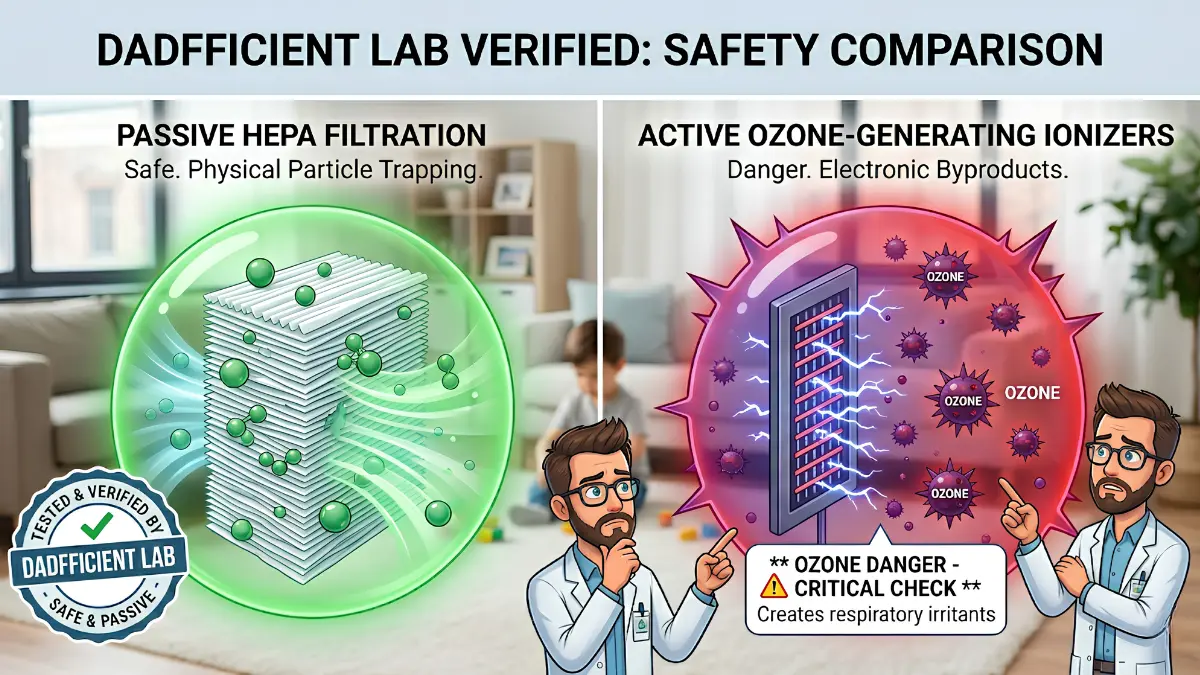 An infographic detailing the negative side effects of air purifiers by comparing safe passive HEPA filters with dangerous ozone ionizers.