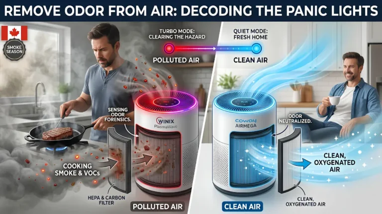 A split-screen infographic titled "Remove Odor From Air: Decoding the Panic Lights" explaining how to remove odor from air. The left side shows cooking smoke and a Winix air purifier glowing red for poor air quality, while the right side shows clean air and a Coway air purifier glowing blue with a Canada smoke season badge.