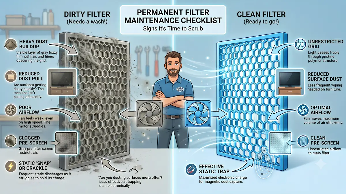 A visual checklist showing a dirty reusable air purifier filter next to a clean one, highlighting signs that the unit needs to be washed.