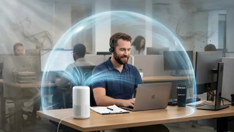 A dad with a wireless headset working on a laptop at a cubicle workspace while a small air purifier for office desk setups blows a visible blue dome-shaped personal clean air bubble around him to block out dusty corporate air.