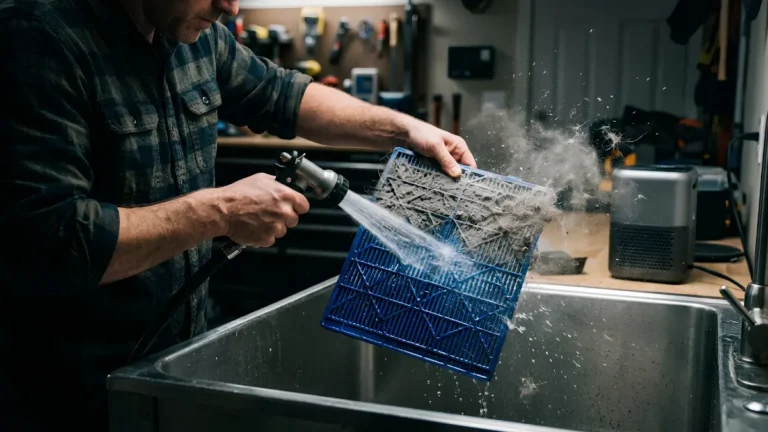 A man in a plaid shirt uses a high-powered sink sprayer to wash a bright blue permanent filter air purifier grid in a workshop sink, blasting away a thick, fuzzy layer of trapped household dust and pet hair.