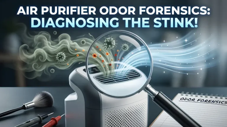 A conceptual infographic graphic titled Air Purifier Odor Forensics: Diagnosing the Stink! A magnifying glass highlights microscopic mold particles to explain why does my air purifier smell, contrasting dirty musty smoke on the left with a clean flowing air stream on the right next to a Dadfficient Lab notebook.