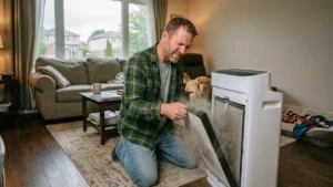 air purifier maintenance guide - A dad kneeling in a living room, pulling a dust-caked HEPA filter out of a large white air purifier casing.