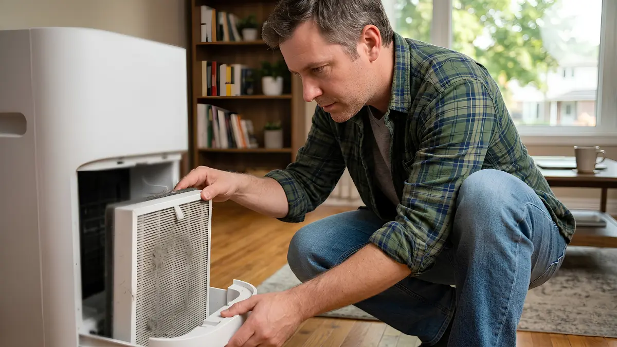 air purifier small space - A hands-on view of a dad opening a compact home air purifier to reveal a heavily dusted internal HEPA filter block.