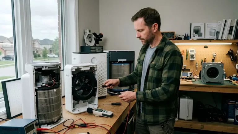 best air purifier brands 2026 - A technician's workbench displaying the dismantled plastic housings and internal filters of three major air purifier brands side-by-side.