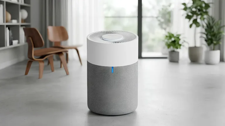 best air purifier for small apartment - A white Blueair 311i+ Max sitting quietly in the corner of a small modern apartment living room.