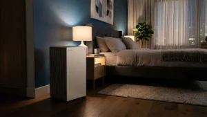 best air purifier quiet - A massive Coway Airmega ProX running silently in the corner of a dimly lit modern master bedroom.
