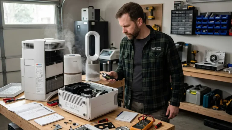 best air purifiers of 2026 - A technician in a green flannel shirt operating a laser particle counter next to three disassembled air purifiers on a wooden workbench.