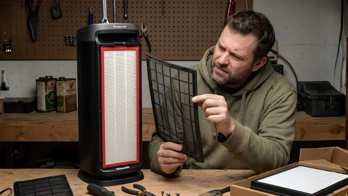 honeywell air purifier quiet clean - A dad inspecting the flimsy internal iFD washable filter block of a budget tower air purifier.