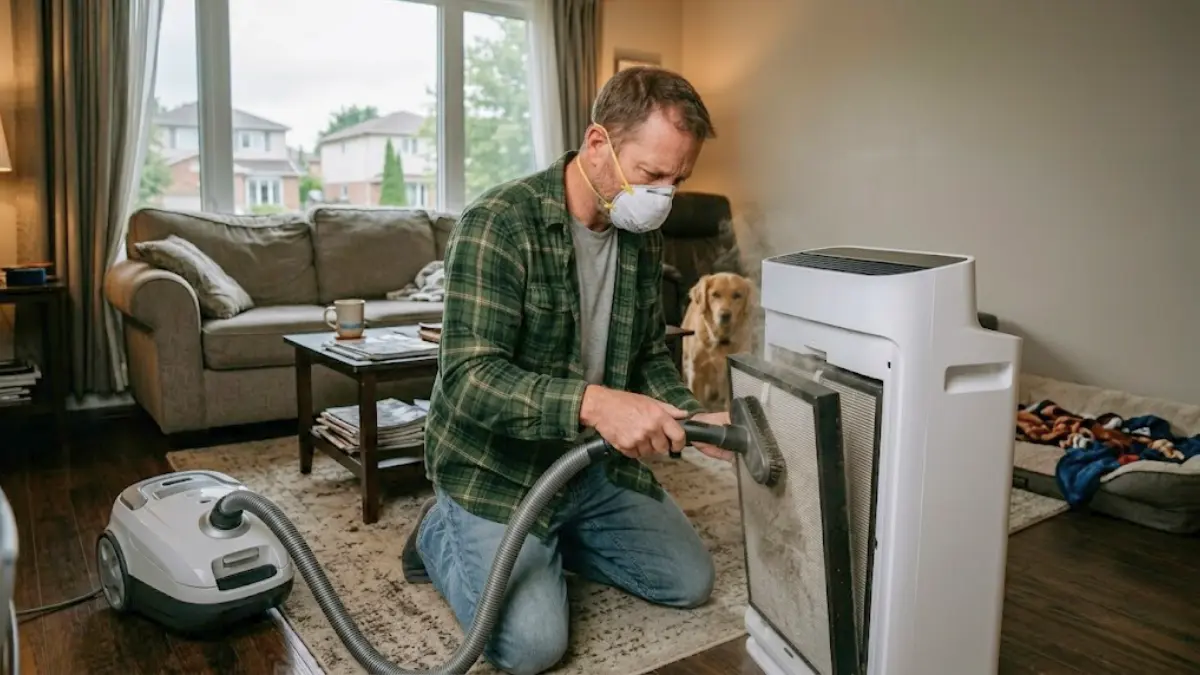 how to clean air purifier filters - A dad using a soft brush vacuum attachment on the outer nylon pre-filter screen of a large air purifier.