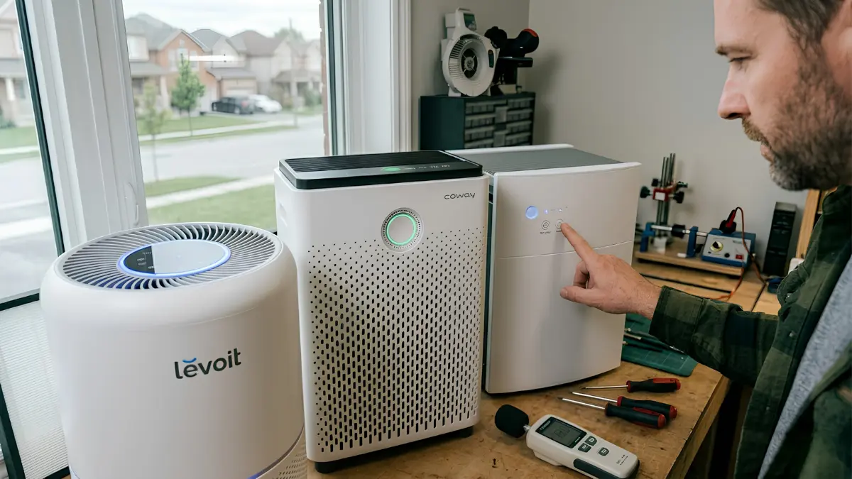 Critical Guide: The Best Air Purifier Brands 2026 Tested 4 levoit vs coway vs blueair - A close-up comparison shot of the control panels and intake grates of a Levoit, Coway, and Blueair purifier running side-by-side.