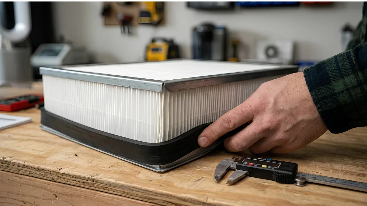 medical grade air purifier hepa 14 - A close-up, tactile shot showing the extreme thickness and rubber seal of a true medical-grade HEPA filter block removed from its housing.