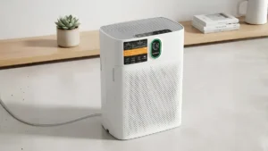 morento air purifier review - A white Morento HY4866 air purifier standing active on a living room hardwood floor with its dual side intake vents visible.