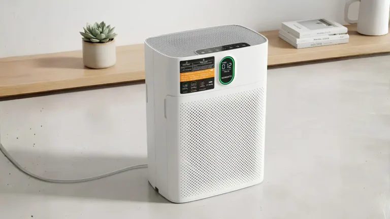 morento air purifier review - A white Morento HY4866 air purifier standing active on a living room hardwood floor with its dual side intake vents visible.