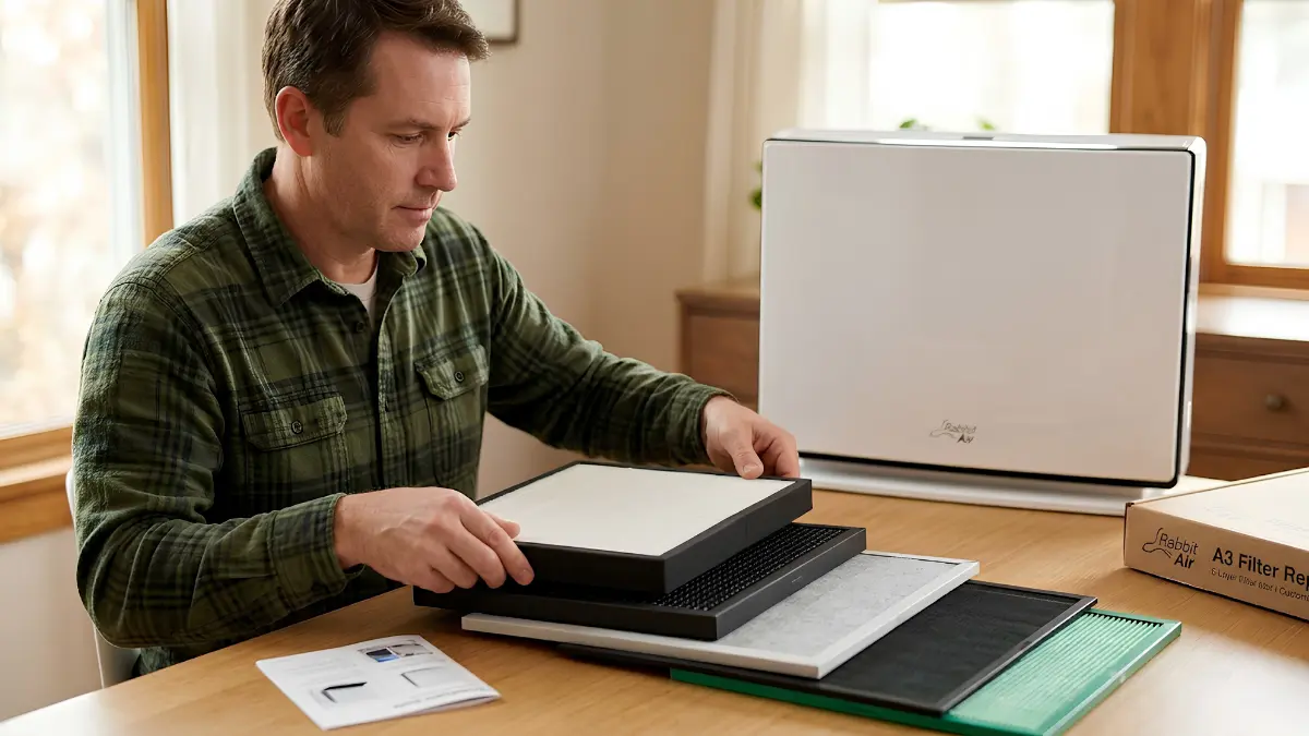 rabbit air a3 filter replacement - A dad organizing the five-layer replacement filter stack for a Rabbit Air A3 air purifier on a flat work surface.