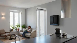 rabbit air a3 ultra quiet air purifier - A sleek white Rabbit Air A3 air purifier mounted flat on a modern residential living room wall next to a window.