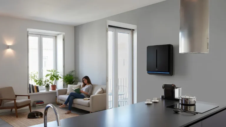 rabbit air a3 ultra quiet air purifier - A sleek white Rabbit Air A3 air purifier mounted flat on a modern residential living room wall next to a window.